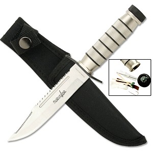 Silver Stainless Steel Blade Survival Knife and Kit 