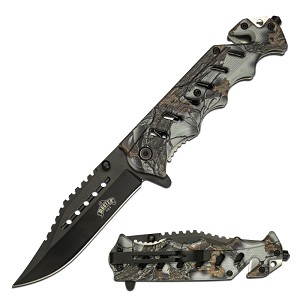 Tactical Pocket Knife Saw Back Blade Spring Assisted Knife Forest Camo 